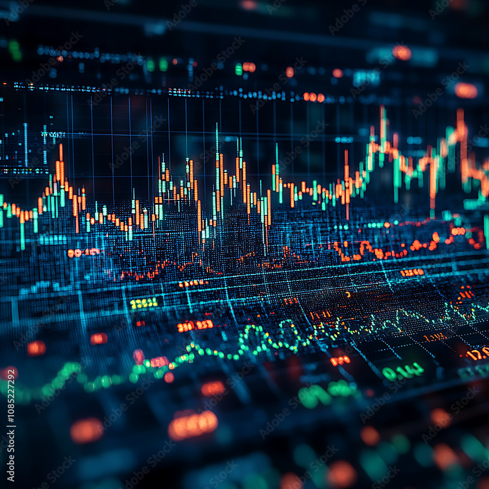 Poster stock market charts and graphs display fluctuating data trends, showcasing vibrant colors and intric