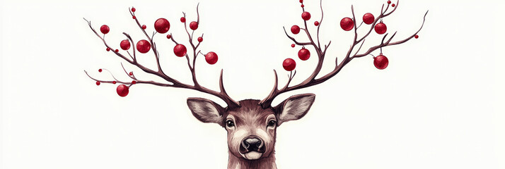 reindeer with festive red berries on its antlers, symbolizing holiday cheer and nature beauty. This close up captures essence of winter celebrations