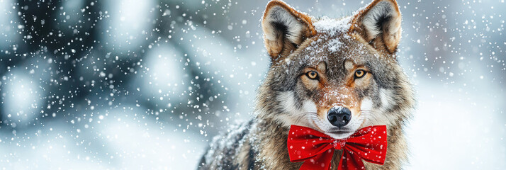 realistic wolf with festive red bow stands majestically in snowy landscape, capturing essence of winter and holiday spirit