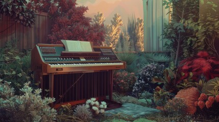 A vintage organ rests serenely amidst a vibrant overgrown garden