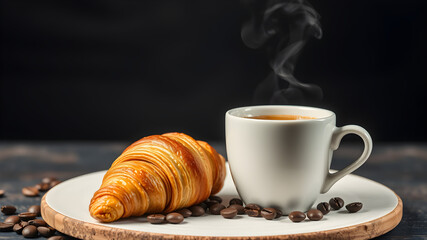 A steaming cup of coffee with a flaky croissant and coffee beans