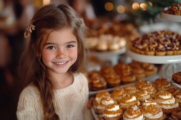 A winter fair where children hold delicious cookies on a tray. Everyone around is full of festive emotions, and snow covers the ground, creating a fabulous winter atmosphere.