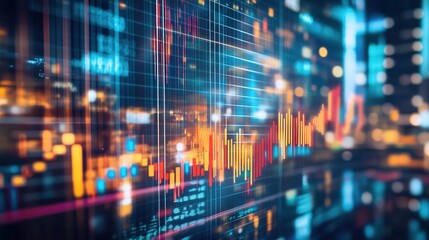 Obraz premium Futuristic digital financial chart showcasing data visualization with glowing elements in a modern urban environment reflecting technological advancements