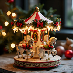 Enchanting carousel with festive decorations and glowing lights in a cozy holiday setting, photography of still life concept.