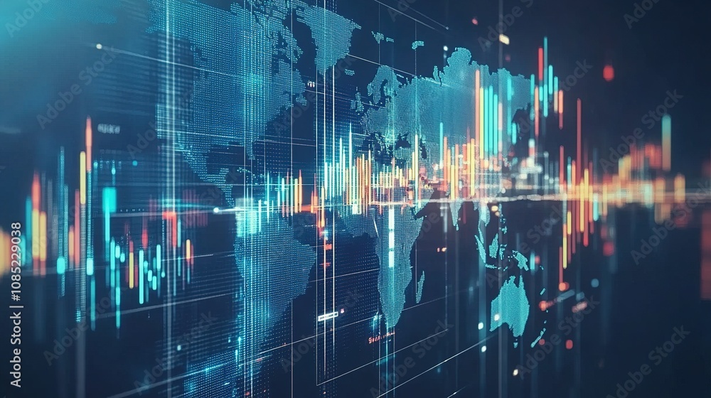 Poster futuristic world map displaying global financial trends with colorful data visualization elements an