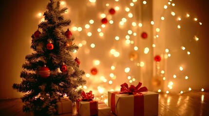 Festive Christmas scene with a decorated tree, presents, and warm bokeh lights, perfect for holiday cards or websites.