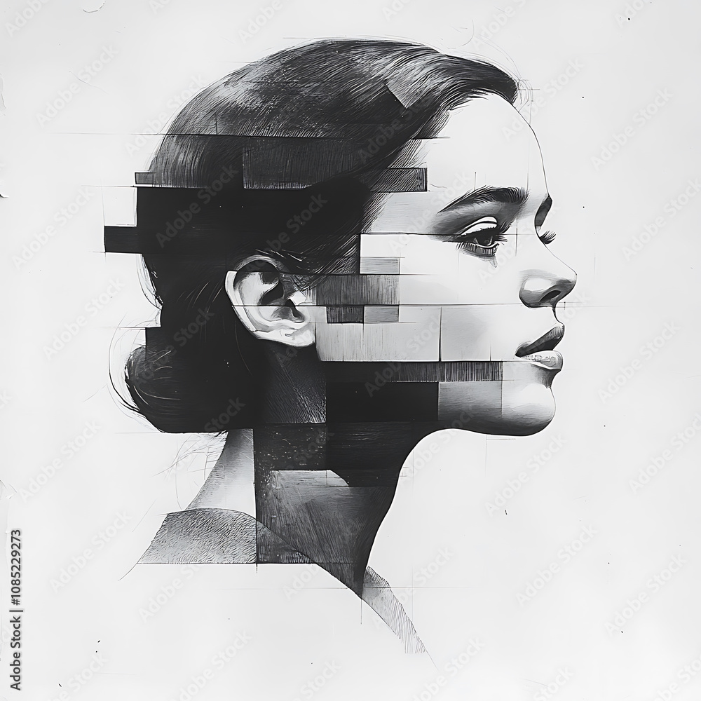 Poster striking black and grey portrait of girl in profile, featuring geometric patterns and blend of reali