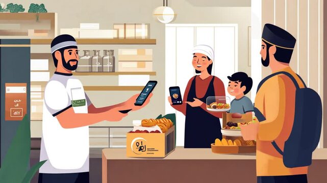 A dynamic scene of a halal food delivery service, showcasing the delivery driver handing off a halal meal to a Muslim family, with an app visible on a phone screen