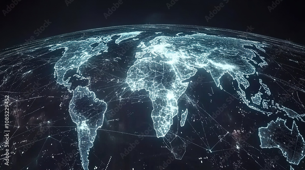 Poster digital representation of earth with networks of connections and data flow illuminating the world ma