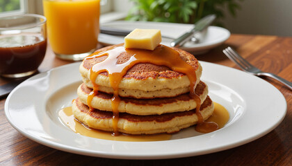 Stack of pancakes with syrup and butter, rustic breakfast setting