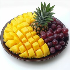 Pineapple, grapes, and a brown plate.
