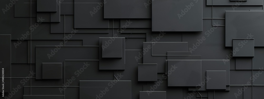 Aufkleber Simple geometric pattern with intersecting squares and lines on black background. Featuring white space in the center for text, ideal for design templates and modern banners.