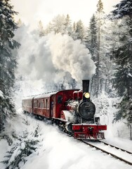 Oil painting of a rustic style winter red train on track surrounded by snowy pine trees enchanting on white background