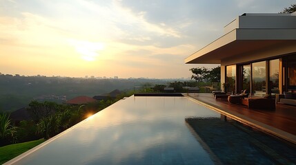 Modern villa with infinity pool overlooking a scenic sunset.