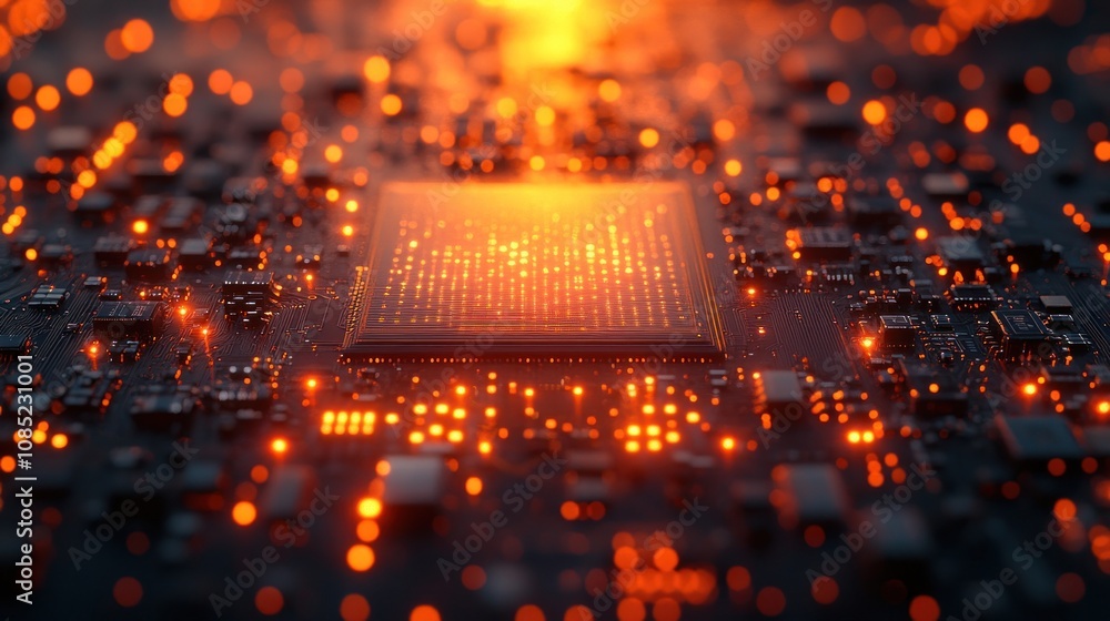 Poster glowing cpu on circuit board.