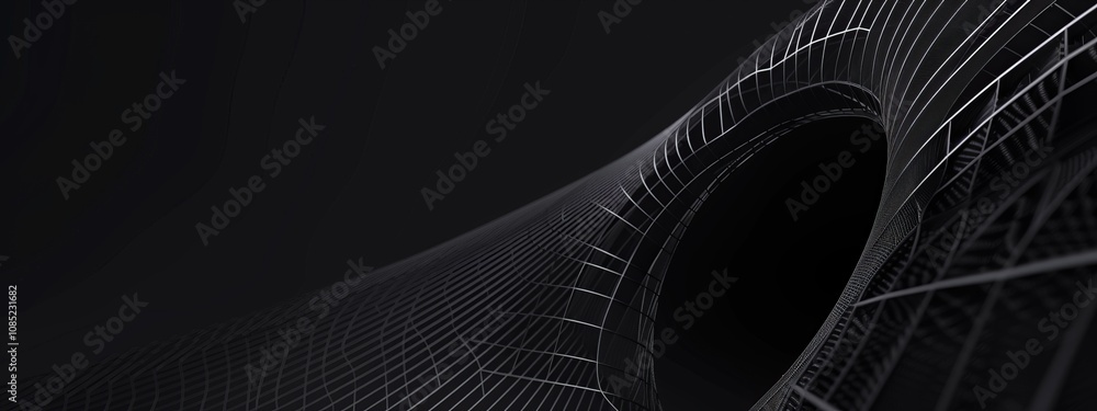 Poster Intricate grids on a black background, minimalist design banner template with white space for text. Suitable for sophisticated and modern presentations, websites, and digital designs.