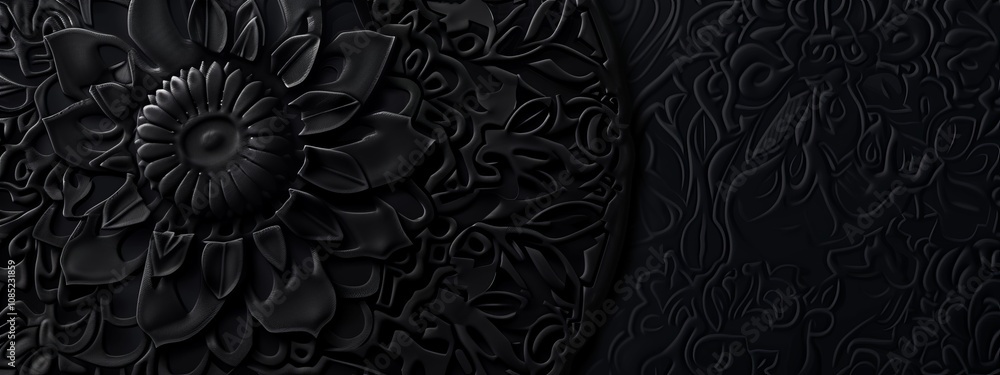 Poster intricate patterns on a black background, minimalist design banner template with white space for tex