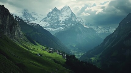 Majestic Mountain Range with Village in Valley