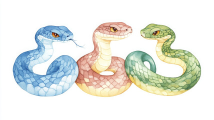 Naklejka premium Colorful watercolor illustration of three snakes blue, pink, and green. Each snake has distinct patterns and expressive eyes, showcasing their unique characteristics and beauty