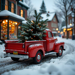 Charming red truck with christmas tree surrounded by snowy village streets at dusk, photography of seasonal concept.