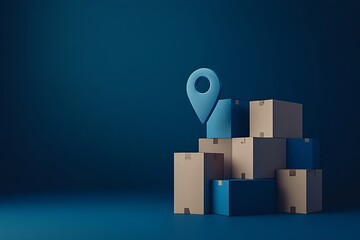 A stack of cardboard boxes sits under a large blue location pin on a solid blue background. 
