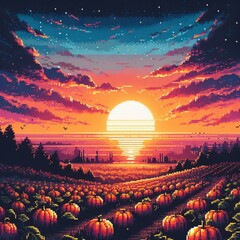 Pixelated Sunset Create a pixel art image of a sunset over a fie