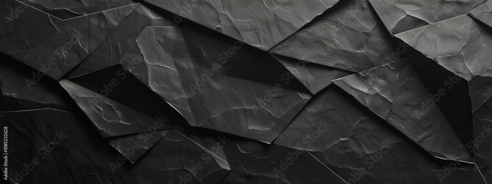 Poster Modern Banner Template with Irregular Polygons on Black Background. Contemporary Minimalist Design with Central White Space for Text. Ideal for Creative Projects.