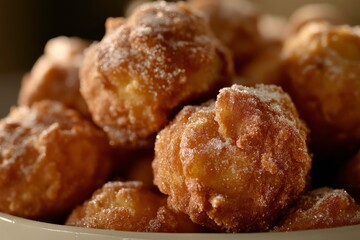 A close-up of sugar-dusted fried dough balls.