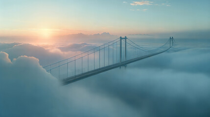 Suspension bridge above clouds at sunrise dreamy engineering marvel