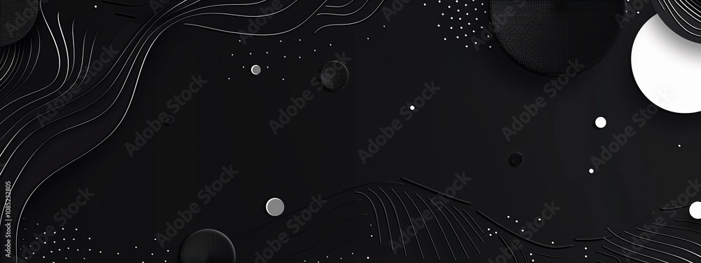 Poster Black Background with Irregular Shapes and Dots for Design Banner Template, Featuring Abstract Minimalist Wallpaper with Copy Space on Black Background