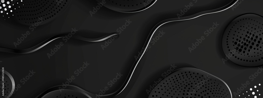 Poster Black Background with Irregular Shapes and Dots for Design Banner Template, Featuring Abstract Minimalist Wallpaper with Copy Space on Black Background