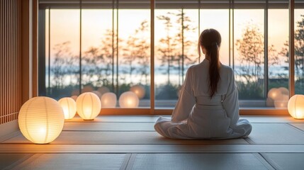 Woman enjoying tea ceremony.