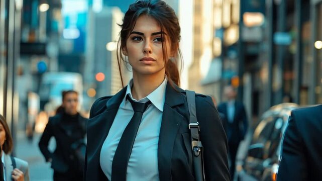 A female bodyguard escorting a client through a busy street, maintaining a protective stance while staying alert