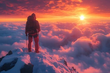 Obraz premium A hiker standing on a mountain peak, watching the sunrise over a sea of clouds, with vibrant colors in the sky