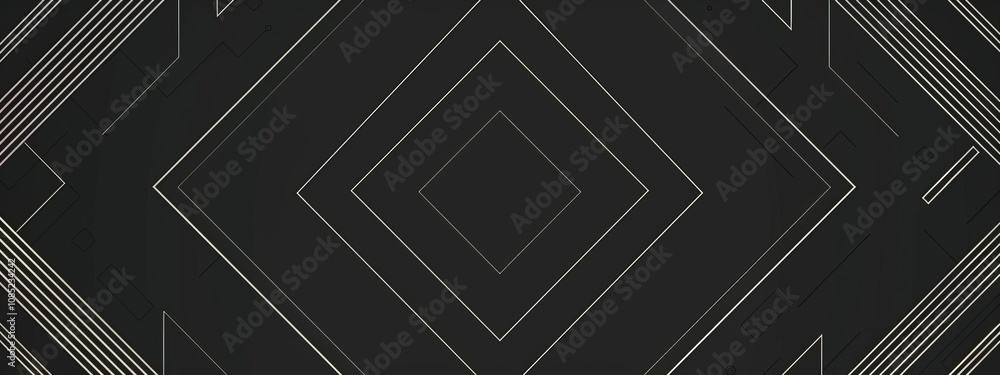 Poster black background with linear geometric motifs and central white space for text. featuring modern geo