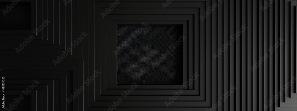 Poster black background with linear geometric motifs and central white space for text. featuring modern geo