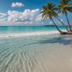Naklejka premium A pristine white-sand beach with turquoise waters and palm trees swaying in the breeze.