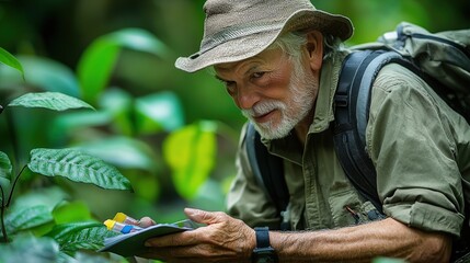 A researcher examines plants in a lush environment, documenting findings on a notepad.