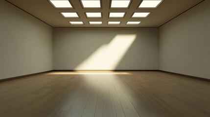 Fototapeta premium Empty Interior Space with Natural Light Streaming Through Skylights on Wooden Floor in Minimalistic Design Aesthetic