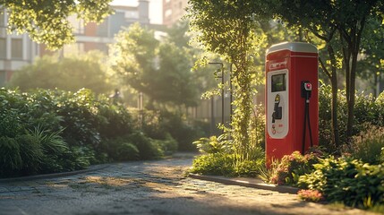 A red electric vehicle charging station surrounded by lush greenery in a serene urban setting.