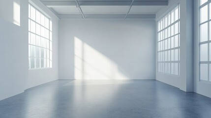 Fototapeta premium Bright and Spacious Empty Room with Large Windows and Concrete Floor, Optimizing Natural Light for Potential Design Projects and Renovations