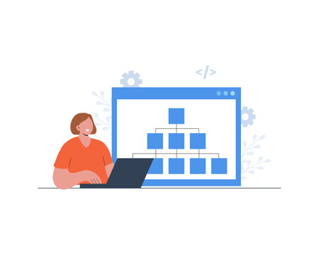Sitemap creation. Website creation tool. Female developer with laptop. Online software and web page structure. UX designer workflow. Vector illustration in cartoon style.