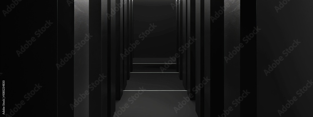 Poster Abstract Black Background with Linear Shapes, Banner Template with White Space for Text. Minimalist Wallpaper with Copy Space on Black Background. Geometric Modern Wallpaper.