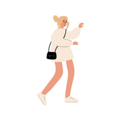 Cute vector illustration of woman, diverse character in everyday urban scenes. People walking dogs, using wheelchair, pushing stroller. Couples, families, individuals of various ages and ethnicities.