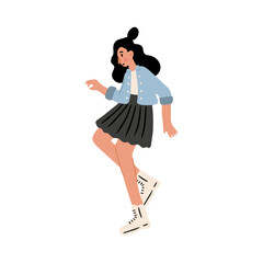 Cute vector illustration of woman, diverse character in everyday urban scenes. People walking dogs, using wheelchair, pushing stroller. Couples, families, individuals of various ages and ethnicities.