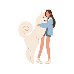 Cute vector illustration of woman, diverse character in everyday urban scenes. People walking dogs, using wheelchair, pushing stroller. Couples, families, individuals of various ages and ethnicities.