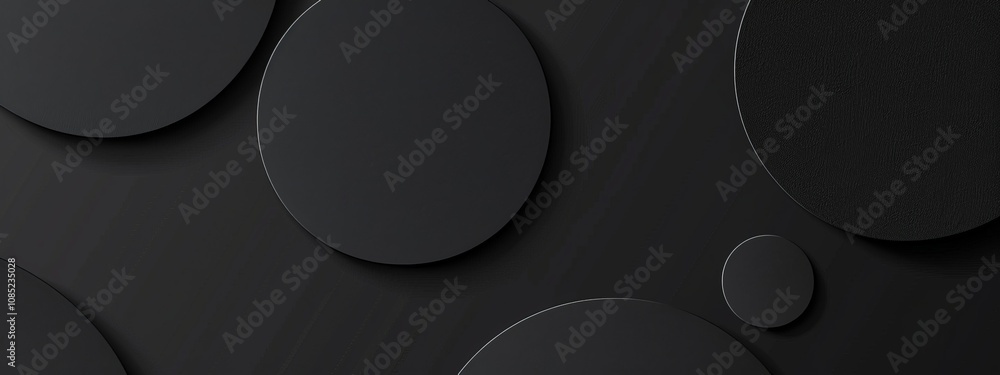 Poster Black Background with Minimal Circular Shapes for Design, Banner Template. White Space in the Center for Text, Abstract Geometric Wallpaper with Copy Space for Modern and Clean Visuals.