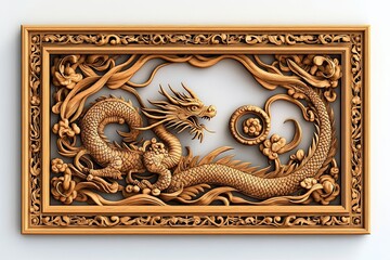 wood intricate carvings dragon in gold frame on white background 
