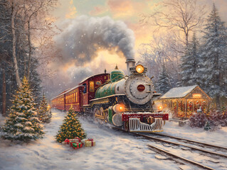a vintage steam engine train traveling through a snowy forest, with the train's smoke stack emitting steam and a Christmas tree visible in the foreground.