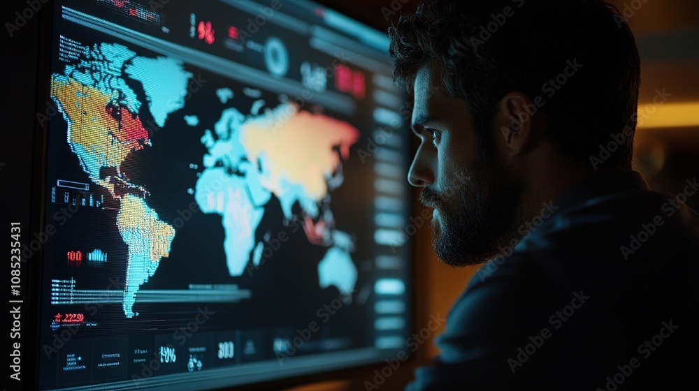 Poster focused man analyzing data maps on a digital screen in a modern workspace with colorful visualizatio